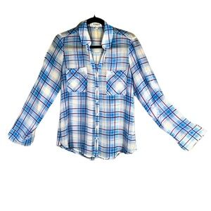 Express - Size Medium - Sheer Red White & Blue Plaid Button-Down Top